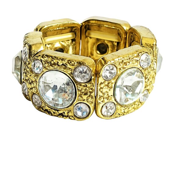 Vintage-Inspired Chunky Gold Stretch Ring with Clear Rhinestones – Statement - Picture 1 of 4